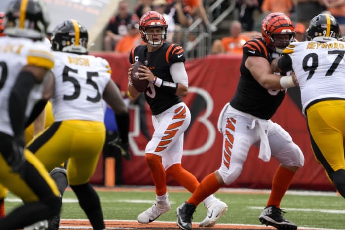 Sep 11, 2022; Cincinnati, Ohio, USA; Cincinnati Bengals quarterback Joe Burrow (9) drops back to pass during the third quarter of a Week 1 NFL football game against the Pittsburgh Steelers at Paycor Stadium. Mandatory Credit: Cara Owsley-USA TODAY Sports